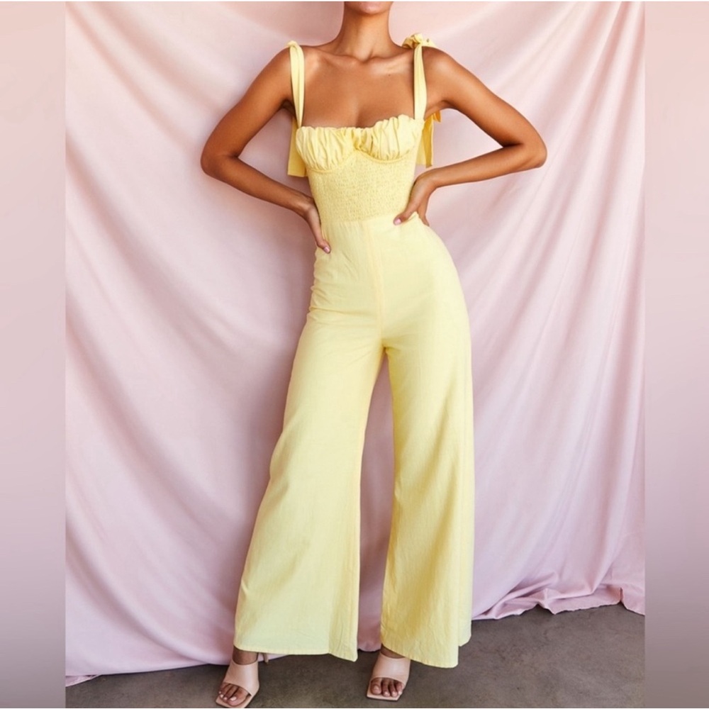 House of CB Yellow Tie-Shoulder Wide-Leg Jumpsuit